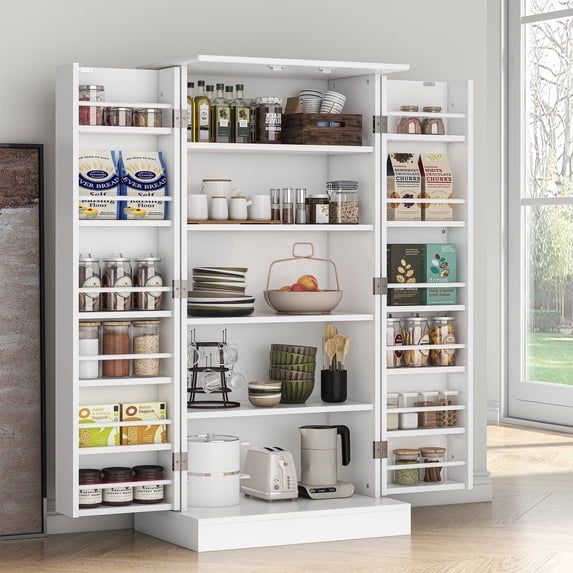 Casendy Pantry Cabinet with 2 Doors and 16 Shelves, Modern Kitchen Storage Cabinet with Adjustable Shelves, Kitchen Storage Cupboard for Dining Room, Living Room, White