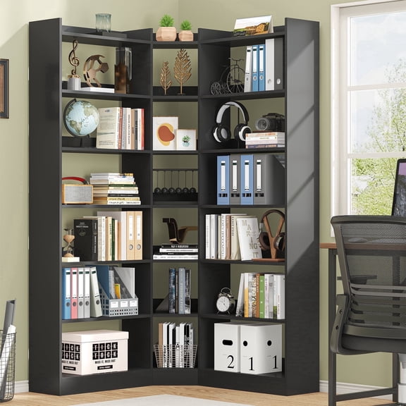 Casendy Tall Corner Bookshelf, Large Farmhouse 7 Tier Bookcase, L-Shape Book Shelf Display Storage, Freestanding Book Case for Living Room, Home Office, Black
