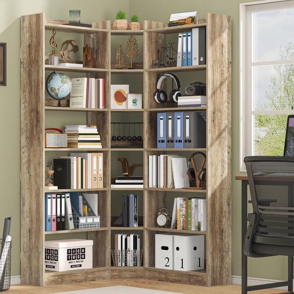 Casendy Tall Corner Bookshelf, Large Farmhouse 7 Tier Bookcase, L-Shape Book Shelf Display Storage, Freestanding Book Case for Living Room, Home Office, Natural Wood