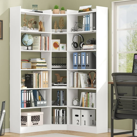 Casendy Tall Corner Bookshelf, Large Farmhouse 7 Tier Bookcase, L-Shape Book Shelf Display Storage, Freestanding Book Case for Living Room, Home Office, White