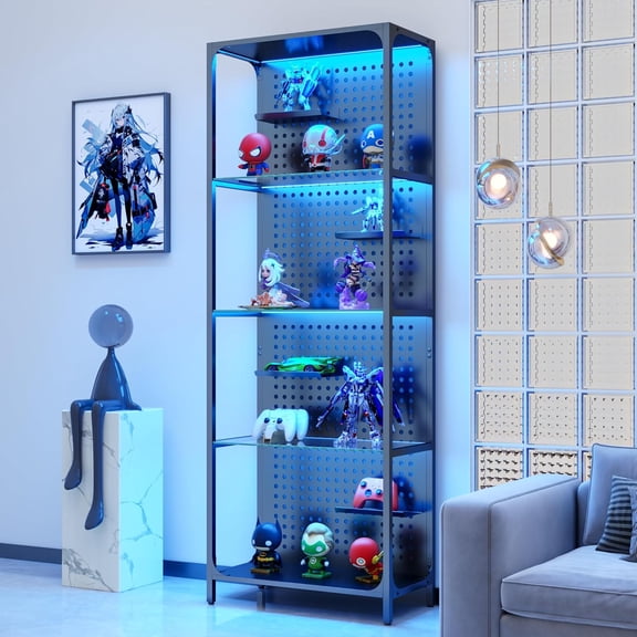 Casendy Tall Display Shelf with RGB Lighting, Sturdy Metal Frame with Tempered Glass Shelves for Collectibles, Gaming Gear & Home Decor