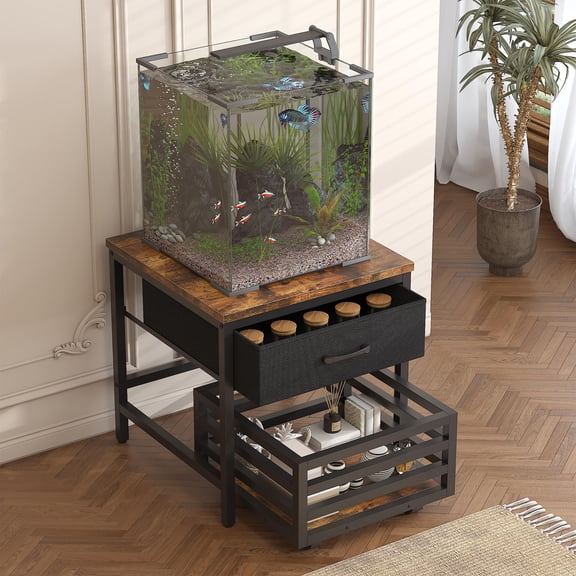 Casendy Wood & Metal Aquarium Stand with Drawer & Rolling Storage Basket, Industrial Nightstand for 3-9 Gallon Fish Tank, Rustic Brown