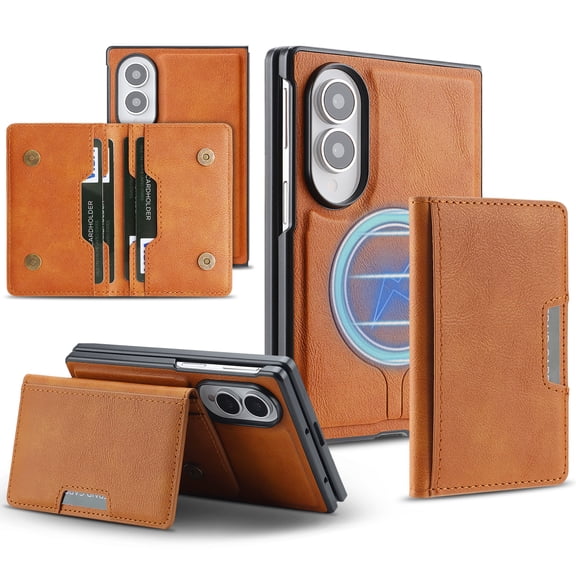 Caseny Case for Samsung Galaxy Z Fold 8 with Cards Holder, PU Leather RFID Blocking 2 In 1 Wallet Case Support Wireless Charging Shockproof Magnetic Back Cover Bumper, Brown