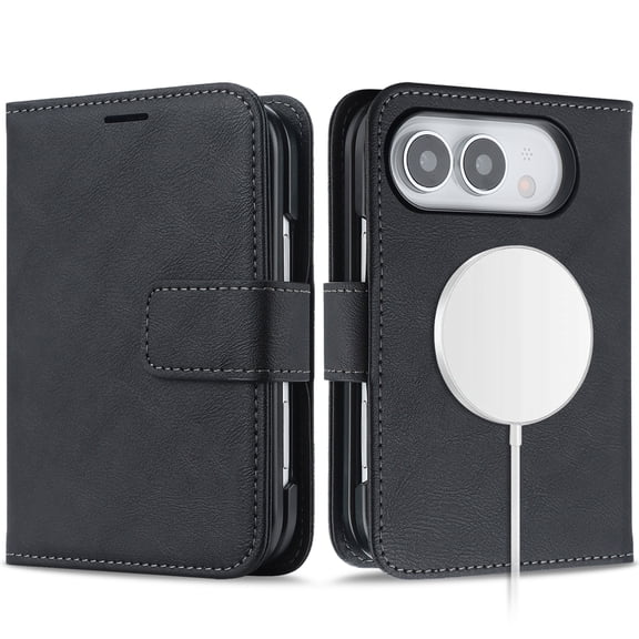 Caseny Magnetic Case for iPhone Duo with Cash Slot, Support Wireless Charging PU Leather Wallet Phone Case RFID Blocking Slim Lightweight Shockproof Protective Back Cover, Black