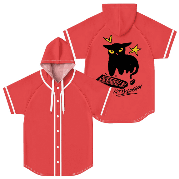 Caseoh Kittyuh Baseball Jersey Women Men Hooded Short Sleeve Shirt Casual Trendy T-shirt