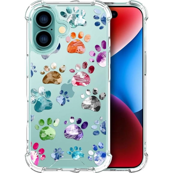 Cases Compatible with iPhone 16 Case for Women Cute Phone Case Clear Design, 16 Case Transparent Cool Kawaii Protective, Lovely Dogs Paws Animal Watercolor
