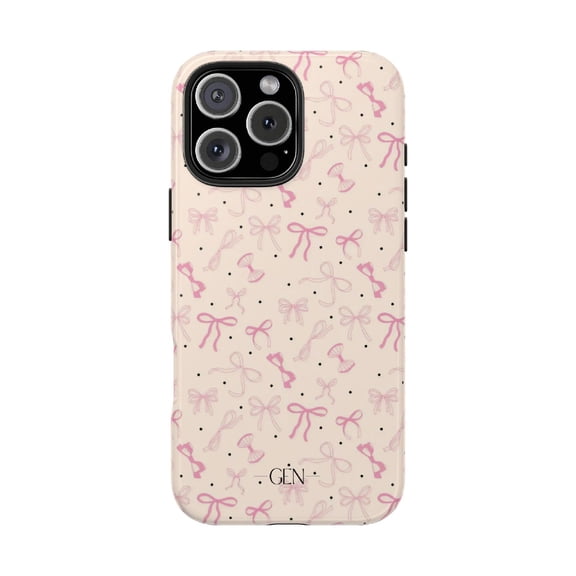 Cases Cover, Ribbon Whimsy Tough Phone Case – Dual-Layer Pink Bow Pattern for iPhone 16 Pro Max, 16 Plus, 15, 14, 13, 12, 11, X, Samsung Galaxy S25, S24, S23, S22