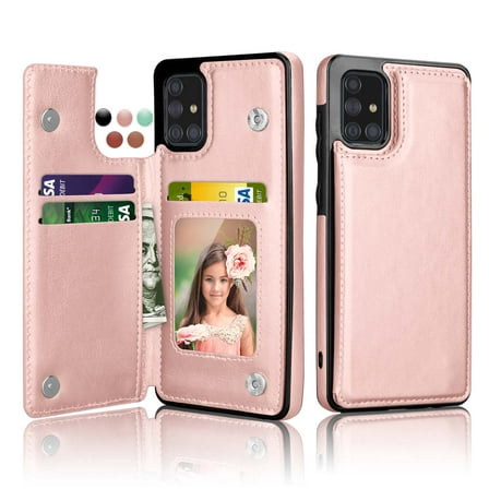 Cases for Galaxy A71 4G / Galaxy 71 5G / Galaxy A71 5G UW verizon, Njjex Leather Flip Wallet Card Holder Case Cover for Samsung Galaxy A71 6.7 inch display, Rose Gold