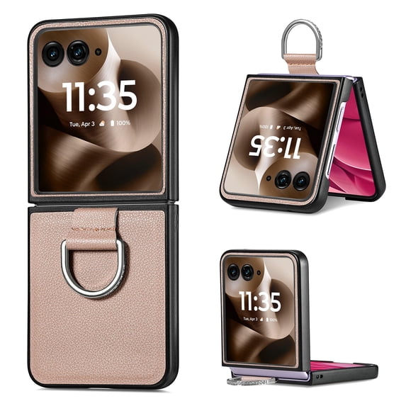 Cases for Motorola Razr+ 2024 Case with Ring, Hard PC + Luxury PU Leather Shockproof Protective Phone Cover Compatible with Motorola Razr+ 2024, Khaki