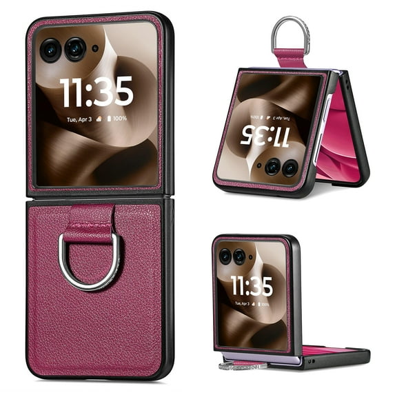 Cases for Motorola Razr 40 Ultra Case with Ring, Hard PC + Luxury PU Leather Shockproof Protective Phone Cover Compatible with Motorola Razr 40 Ultra, Purple