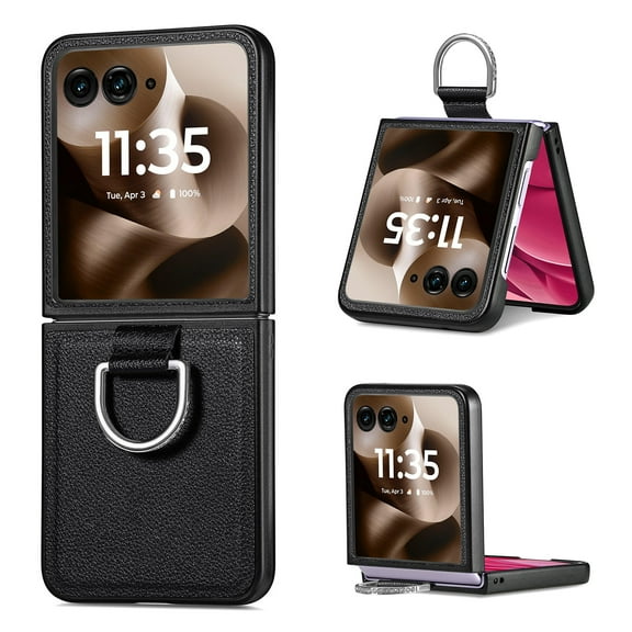 Cases for Motorola Razr 60 Ultra / Razr Ultra 2025 Case with Ring, Hard PC + Luxury PU Leather Shockproof Protective Phone Cover Compatible with Motorola Razr 60 Ultra / Razr Ultra 2025, Black
