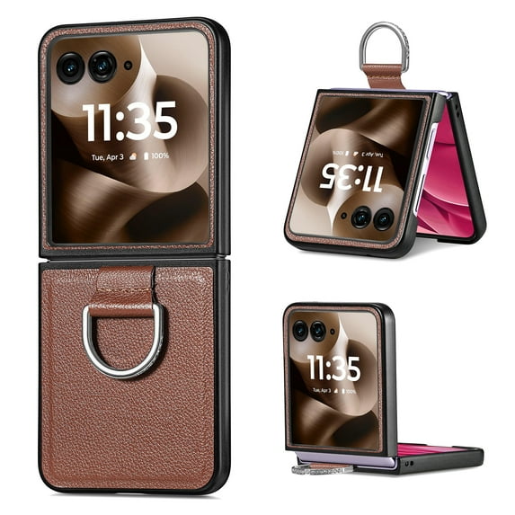 Cases for Motorola Razr 60 Ultra / Razr Ultra 2025 Case with Ring, Hard PC + Luxury PU Leather Shockproof Protective Phone Cover Compatible with Motorola Razr 60 Ultra / Razr Ultra 2025, Brown