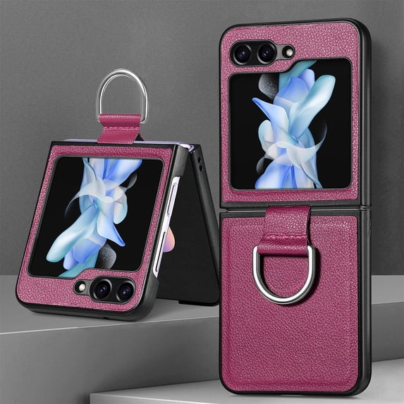 Cases for Samsung Galaxy Z Flip 5 Case with Ring, Hard PC + Luxury PU Leather Shockproof Protective Phone Cover Compatible with Samsung Galaxy Z Flip 5, Purple