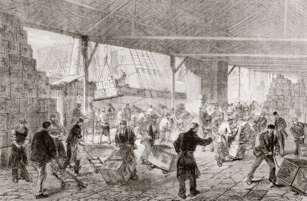 Cases Of Tea Being Unloaded From A China Clipper At The London Docks In 1868 From Lunivers Illustre Published In Paris In 1868 Canvas Art - Ken Welsh Design Pics (18 x 11)