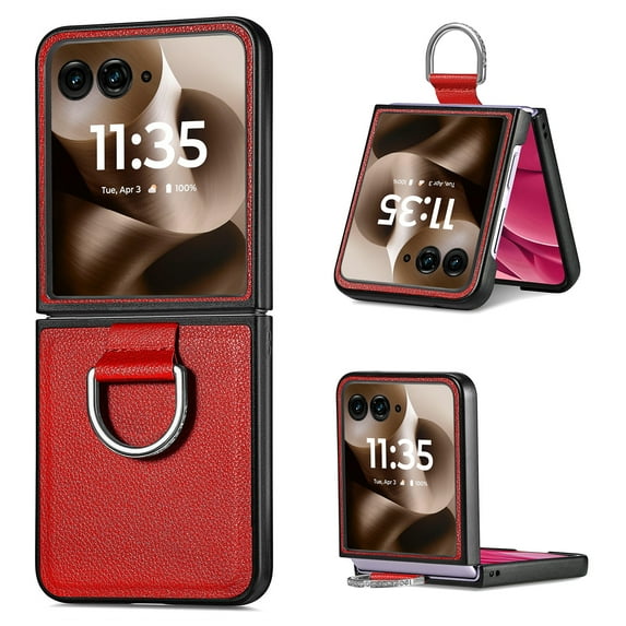 Cases for Motorola Razr+ 2024 Case with Ring, Hard PC + Luxury PU Leather Shockproof Protective Phone Cover Compatible with Motorola Razr+ 2024, Red
