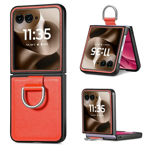 Cases for Motorola Razr 40 Case with Ring, Hard PC + Luxury PU Leather Shockproof Protective Phone Cover Compatible with Motorola Razr 40, Orange