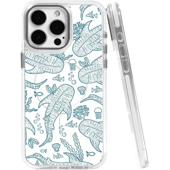 Cases for iPhone 16, Compatible with MagSafe, Classic Clear Shockproof Protection Magnetic Phone Case - Whale Ocean Shark Coral Reef