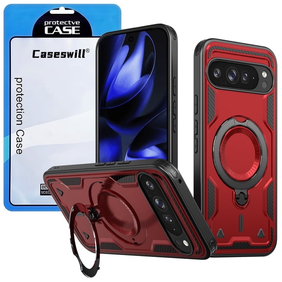 Caseswill for Google Pixel 10 / 10 Pro Case with 2X Screen Protector, Built-in Magnetic Ring Stand, Compatible with MagSafe, Soft TPU and Hard PC Hybrid Dual Layer Shockproof Rugged Phone Cover