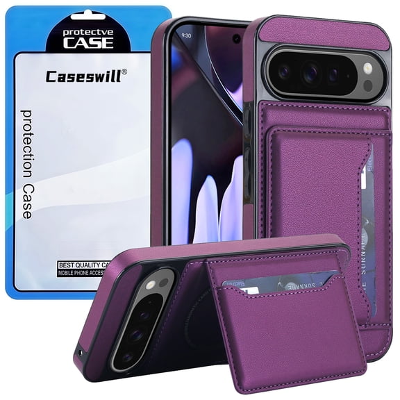 Caseswill for Google Pixel 11 Pro XL / Pixel 10 Pro XL Case with 2X Screen Protector, Magnetic Card Holder Leather Wallet Kickstand Shockproof Protective Cover, Compatible with MagSafe