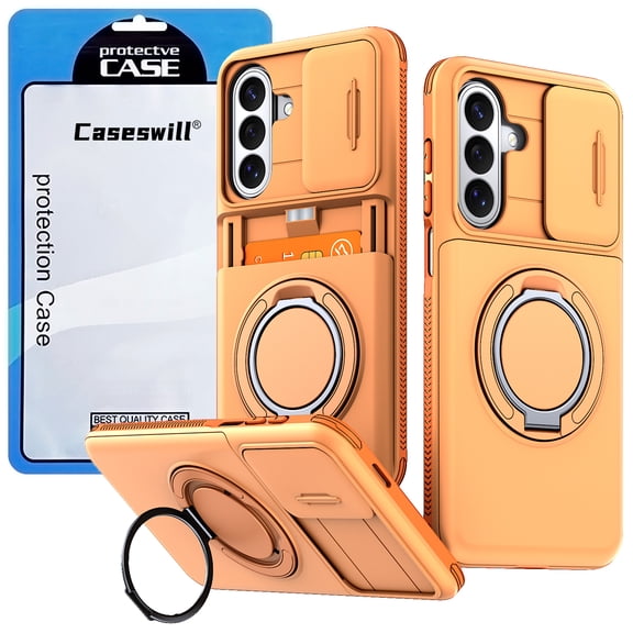Caseswill for Samsung Galaxy A17 4G/5G Case with 2X Screen Protector, Shockproof Magnetic Case with Card Holder, 360° Rotating Ring Stand & Slide Camera Cover