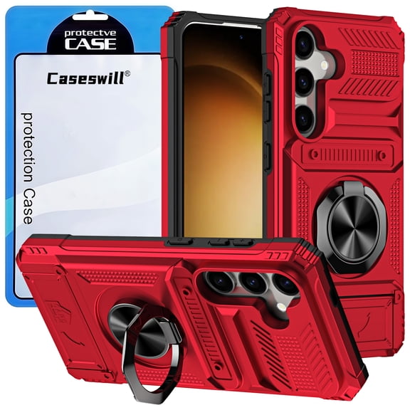 Caseswill for Samsung Galaxy S23 Case with 2X Screen Protector, Heavy‑Duty Shockproof Protective Cover with Ring Stand, Magnetic Car Mount & Hidden 2‑Card Slot