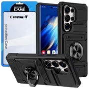 Caseswill for Samsung Galaxy S23 Ultra Case with 2X Screen Protector, Heavy Duty Shockproof Protective Cover with Ring Stand, Magnetic Car Mount & Hidden 2 Card Slot