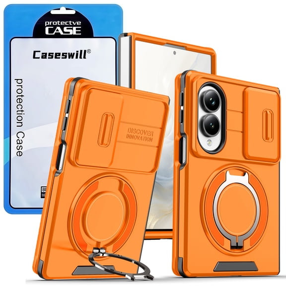 Caseswill for Samsung Galaxy Z Fold 8 Case Rugged Folding Phone Case with Sliding Camera Cover, 360 ° Rotatable Ring Kickstand, Magnetic Car Mount Compatible, Heavy Duty Shockproof Protective Cover