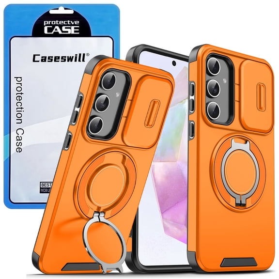 Caseswill for Samsung Galaxy A07 Case with 2X Screen Protector, Dual-Layer Hybrid Shockproof Magnetic Ring Holder Stand with Slide Camera Cover