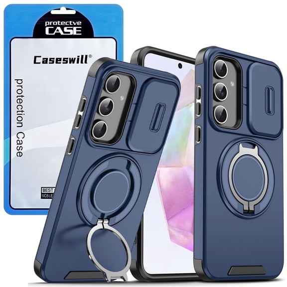 Caseswill for Samsung Galaxy A07 Case with 2X Screen Protector, Dual-Layer Hybrid Shockproof Magnetic Ring Holder Stand with Slide Camera Cover