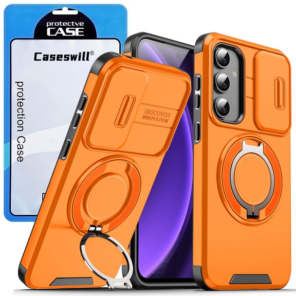 Caseswill for Samsung Galaxy S23 FE Case with 2X Screen Protector, Dual-Layer Hybrid Shockproof Magnetic Ring Holder Stand with Slide Camera Cover