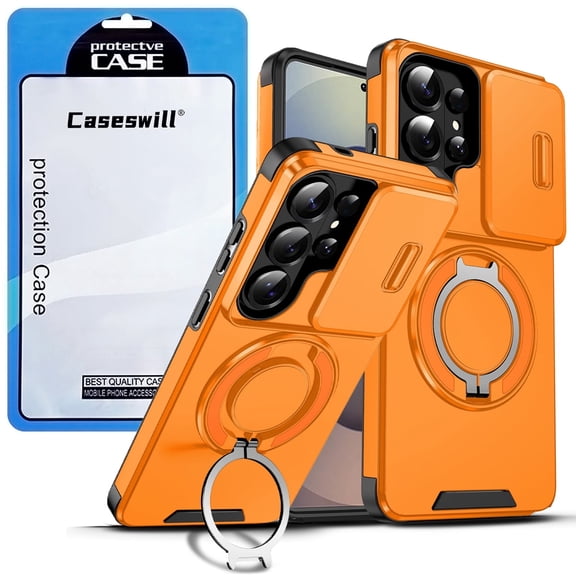 Caseswill for Samsung Galaxy S25 FE / S26 FE Case with 2X Screen Protector, Dual-Layer Hybrid Shockproof Magnetic Ring Holder Stand with Slide Camera Cover