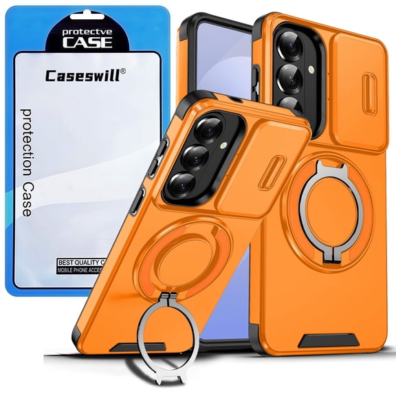 Caseswill for Samsung Galaxy S25 FE / S26 FE Case with 2X Screen Protector, Dual-Layer Hybrid Shockproof Magnetic Ring Holder Stand with Slide Camera Cover