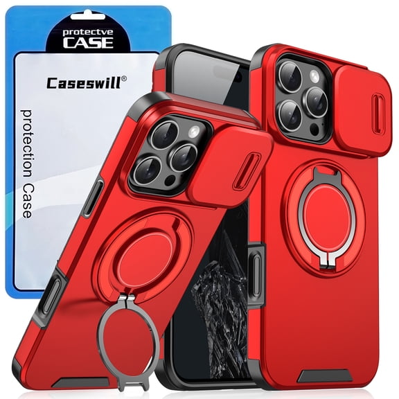 Caseswill for iPhone 11 Case with 2X Screen Protector, Dual-Layer Hybrid Shockproof Magnetic Ring Holder Stand with Slide Camera Cover