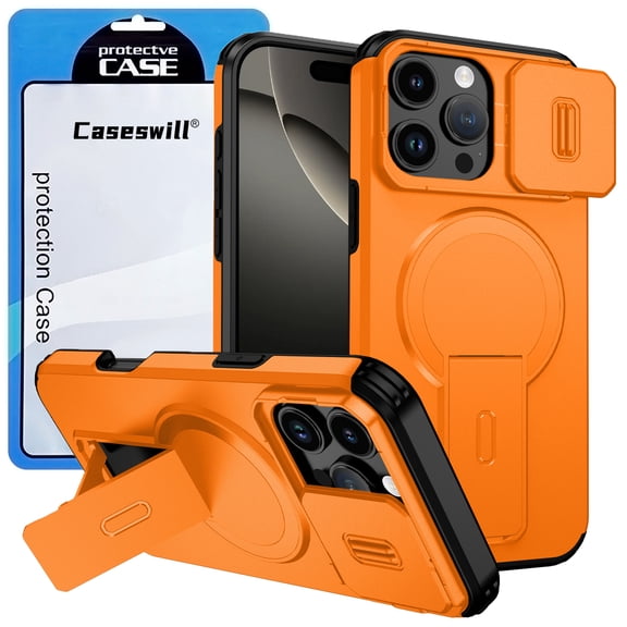 Caseswill for iPhone 13 Case with 2X Screen Protector, Compatible with MagSafe ,Shockproof Invisible Stand Magnetic Case with Slide Camera Cover