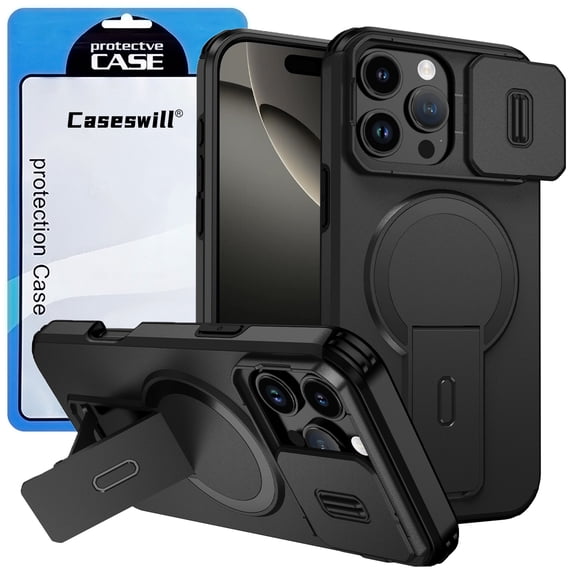 Caseswill for iPhone 16 Case with 2X Screen Protector, Compatible with MagSafe ,Shockproof Invisible Stand Magnetic Case with Slide Camera Cover