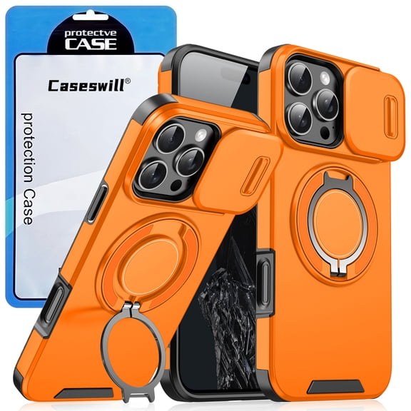 Caseswill for iPhone 16 Case with 2X Screen Protector, Dual-Layer Hybrid Shockproof Magnetic Ring Holder Stand with Slide Camera Cover