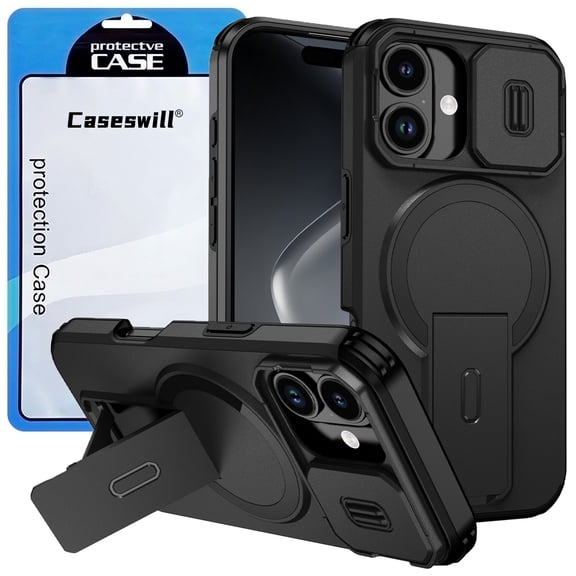Caseswill for iPhone 17 Case with 2X Screen Protector, Compatible with MagSafe ,Shockproof Invisible Stand Magnetic Case with Slide Camera Cover