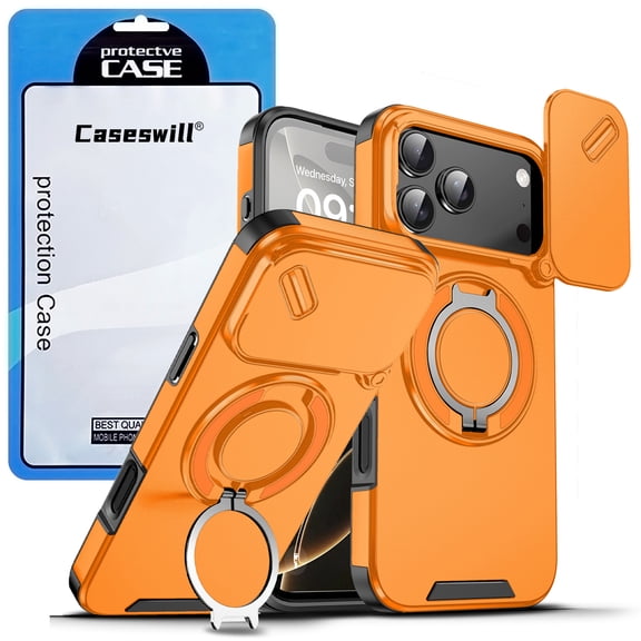 Caseswill for iPhone 17 Case with 2X Screen Protector, Dual-Layer Hybrid Shockproof Magnetic Ring Holder Stand with Slide Camera Cover