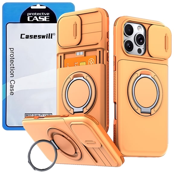Caseswill for iPhone 17 Case with 2X Screen Protector, Shockproof Magnetic Case with Card Holder, 360° Rotating Ring Stand & Slide Camera Cover
