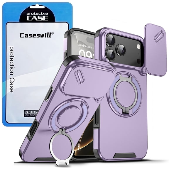 Caseswill for iPhone 17 Pro Case with 2X Screen Protector, Dual-Layer Hybrid Shockproof Magnetic Ring Holder Stand with Slide Camera Cover