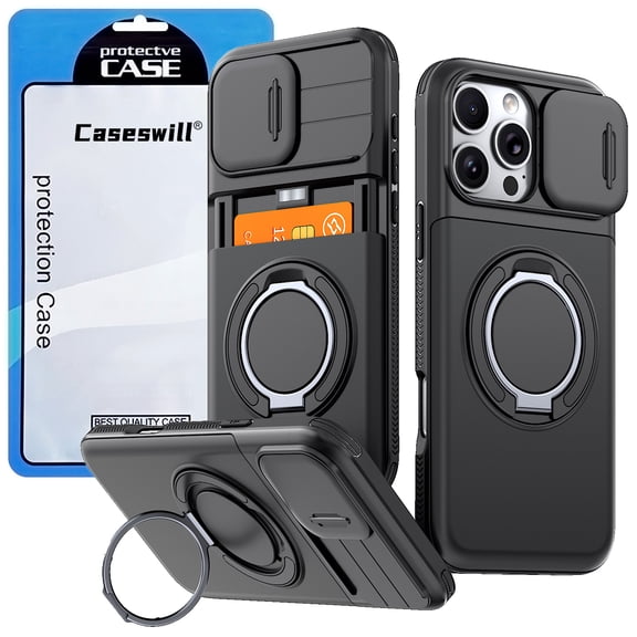 Caseswill for iPhone 13 Pro Max Case with 2X Screen Protector, Shockproof Magnetic Case with Card Holder, 360° Rotating Ring Stand & Slide Camera Cover