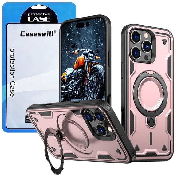 Caseswill for iPhone 15 Pro Case with 2X Screen Protector, Built-in Magnetic Ring Stand, Compatible with MagSafe, Soft TPU and Hard PC Hybrid Dual Layer Shockproof Rugged Phone Cover
