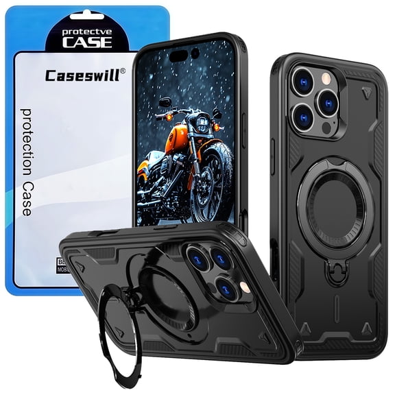 Caseswill for iPhone 15 Pro Case with 2X Screen Protector, Built-in Magnetic Ring Stand, Compatible with MagSafe, Soft TPU and Hard PC Hybrid Dual Layer Shockproof Rugged Phone Cover