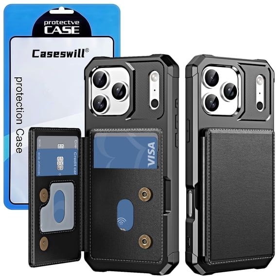 Caseswill for iPhone 15 Pro Max Case with 2X Screen Protector, PU Leather Kickstand Wallet Case with Card Holder, Double Magnetic Clasp and Durable Shockproof Cover
