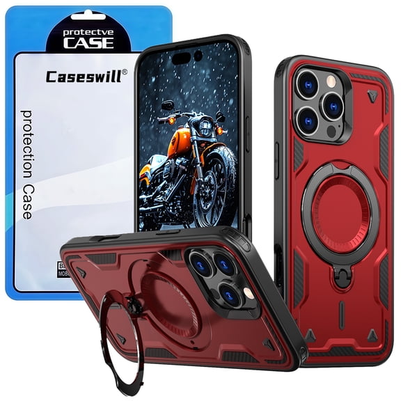 Caseswill for iPhone 16 Case with 2X Screen Protector, Built-in Magnetic Ring Stand, Compatible with MagSafe, Soft TPU and Hard PC Hybrid Dual Layer Shockproof Rugged Phone Cover