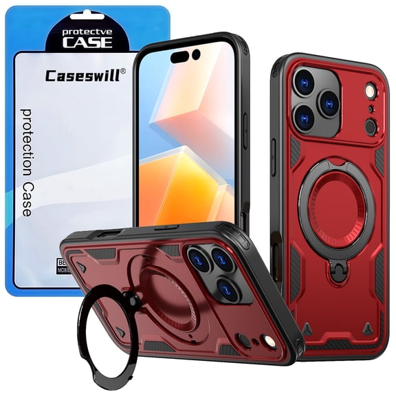 Caseswill for iPhone 17 Case with 2X Screen Protector, Built-in Magnetic Ring Stand, Compatible with MagSafe, Soft TPU and Hard PC Hybrid Dual Layer Shockproof Rugged Phone Cover