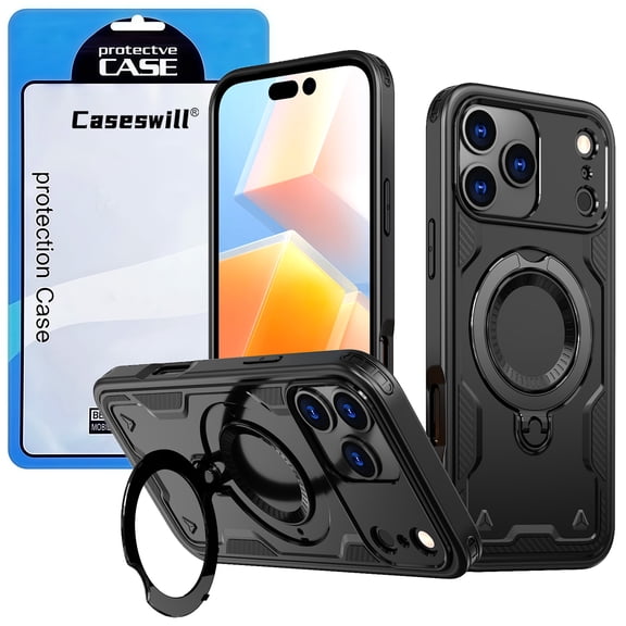 Caseswill for iPhone 17 Pro Max Case with 2X Screen Protector, Built-in Magnetic Ring Stand, Compatible with MagSafe, Soft TPU and Hard PC Hybrid Dual Layer Shockproof Rugged Phone Cover
