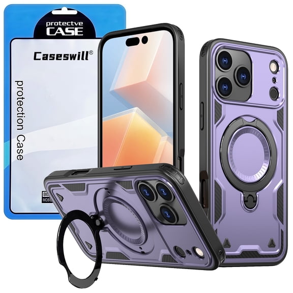 Caseswill for iPhone 17 Pro Max Case with 2X Screen Protector, Built-in Magnetic Ring Stand, Compatible with MagSafe, Soft TPU and Hard PC Hybrid Dual Layer Shockproof Rugged Phone Cover