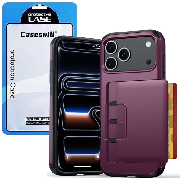 Caseswill For iPhone 17 Pro Max Case with 2X Screen Protector, Rugged Dual‑Layer Hybrid Shock‑Absorbing Protective Wallet Phone Cover, Spring‑Loaded Card Holder