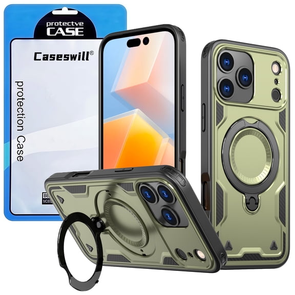 Caseswill for iPhone 17e / 16e Case with 2X Screen Protector, Built-in Magnetic Ring Stand, Compatible with MagSafe, Soft TPU and Hard PC Hybrid Dual Layer Shockproof Rugged Phone Cover